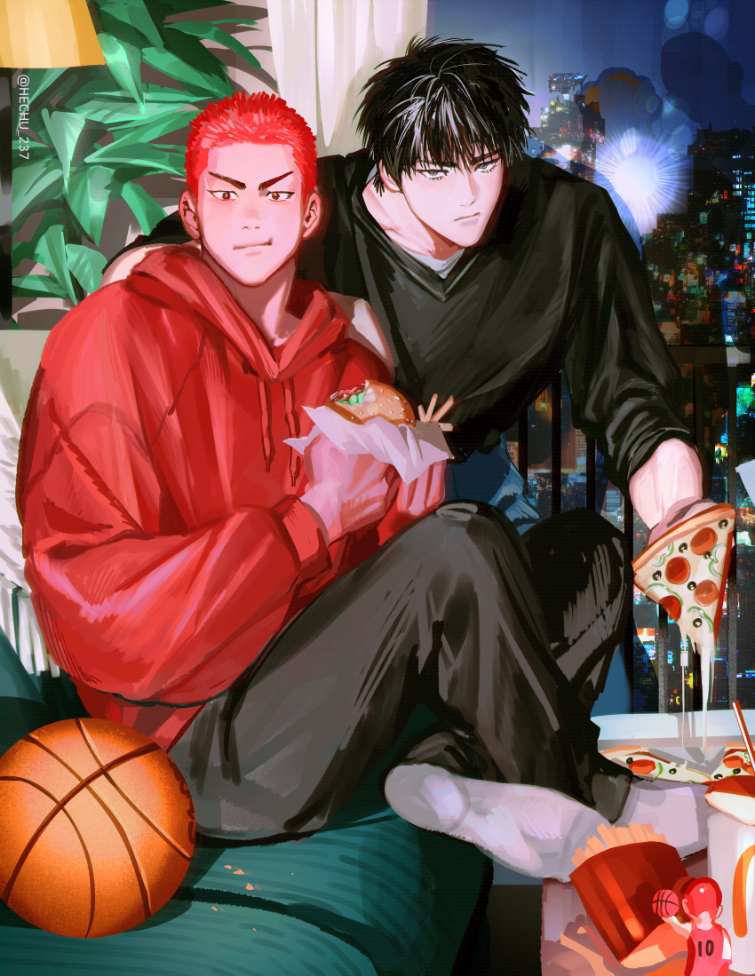 2boys absurdres ball basketball_(object) bishounen black_eyes black_hair black_pants black_shirt burger cityscape closed_mouth couch eating food french_fries hechu_237 highres holding holding_food holding_pizza hood hoodie indoor long_sleeves looking_at_viewer male_focus multiple_boys pants pizza pizza_slice plant red_hair red_hoodie rukawa_kaede sakuragi_hanamichi shirt short_hair slam_dunk_(series) sleeves_rolled_up socks toned toned_male v-neck white_socks