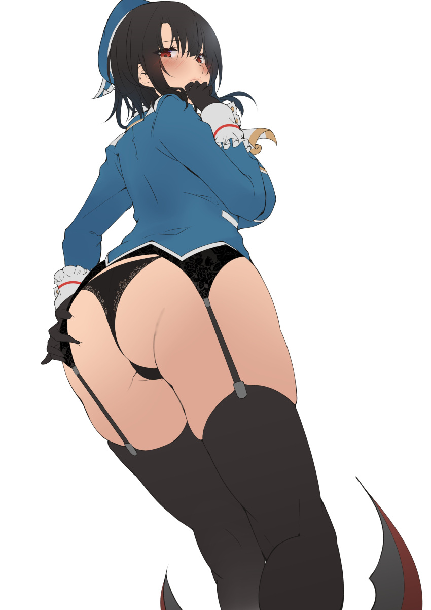 1girl absurdres ass back black_gloves black_hair black_panties black_thighhighs blue_headwear blue_jacket endou_(zettai_bluenoid) garter_straps gloves hand_on_own_ass highres jacket kantai_collection lace lace_panties looking_at_viewer looking_back panties red_eyes solo standing takao_(kancolle) thighhighs underwear unfinished white_background