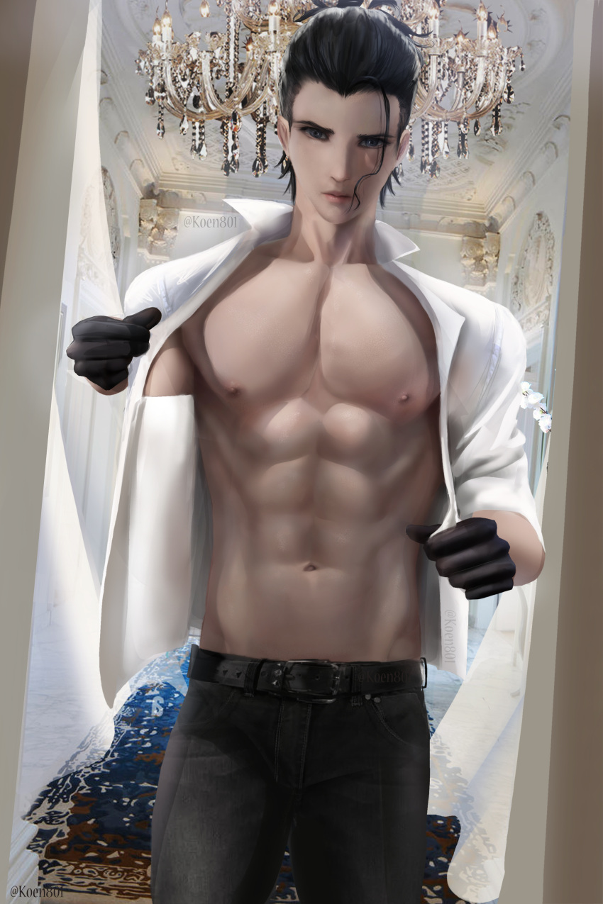 absurdres black_hair blue_eyes buddy_daddies curtains gloves highres koen801 male_focus md5_mismatch shirt suwa_rei topless_male white_shirt