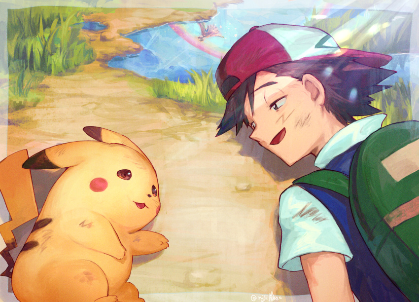 1boy ash_ketchum backpack bag baseball_cap black_eyes black_hair exhausted half-closed_eyes hat ho-oh looking_at_another nijimaarc on_ground open_mouth pikachu pokemon pokemon_(anime) reflection short_sleeves smile water