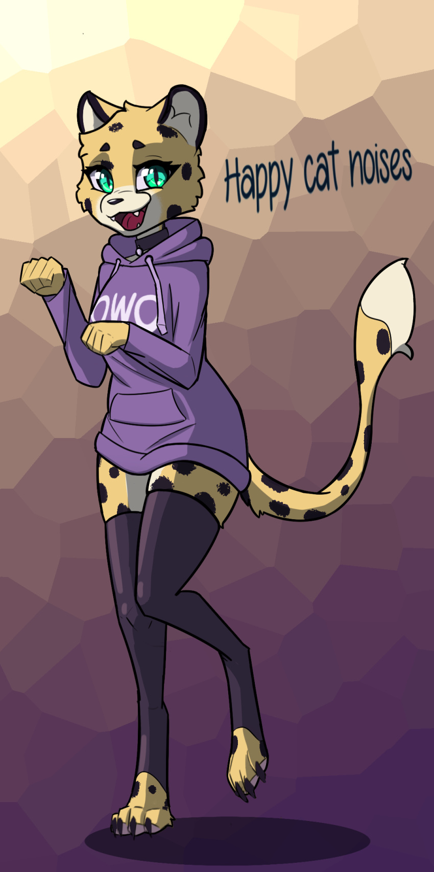 anthro cel_shading cheetah clothing collar countershading digitigrade felid feline female full-length_portrait green_eyes hi_res hoodie legwear lionblaze275 mammal open_mouth owo portrait shaded simple_background smile solo spots standing teeth text thigh_highs topwear