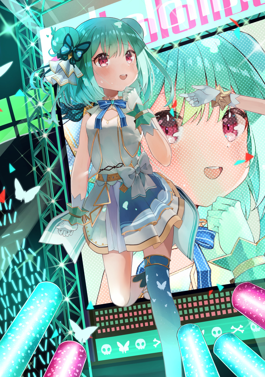 2girls absurdres arm_at_side back_bow belt blue_skirt blue_thighhighs boots bow bow_skirt bowtie butterfly_hair_ornament clenched_hand dancing double_bun eureka_814 gloves glowstick green_hair hair_bun hair_ornament hair_ribbon hand_up highres hololive hololive_idol_uniform idol idol_clothes large_bow layered_skirt medium_hair miniskirt multiple_girls official_alternate_costume red_eyes ribbon single_thighhigh skirt skirt_set sleeveless solo_focus stage sweat thighhighs uruha_rushia vest virtual_youtuber white_bow white_footwear white_gloves white_skirt white_vest wrist_cuffs