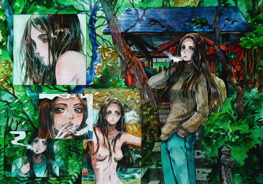1girl bag between_fingers blue_pants body_freckles breasts brown_bag brown_eyes brown_hair brown_sweater cigarette collarbone emanon_(character) english_commentary etherbeam fingernails forest freckles highres holding holding_bag knit_sweater long_hair long_sleeves looking_at_viewer medium_breasts memories_of_emanon mouth_hold multiple_views nature navel nude outdoors pants smoke smoking stairs sweater temple traditional_media tree
