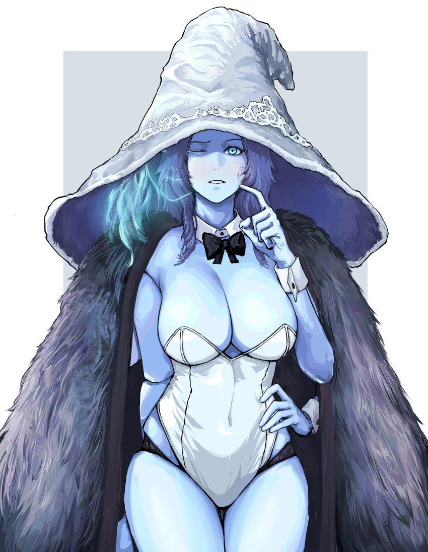 1girl absurdres armpit_crease black_bow black_bowtie blue_eyes blue_headwear border bow bowtie breasts cape cleavage covered_navel doll_joints elden_ring extra_arms extra_faces finger_to_cheek fur_cape grey_background hat highres jinu_(pixiv84296916) joints large_breasts large_hat leotard one_eye_closed parted_lips raised_eyebrows ranni_the_witch solo standing thigh_gap white_border white_leotard witch_hat