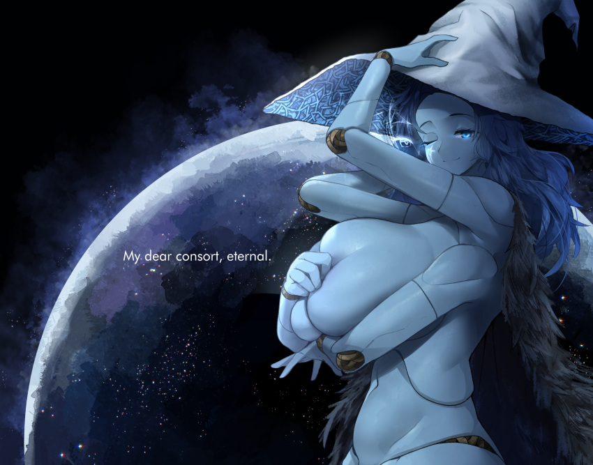 1girl ;) black_background blue_eyes blue_hair blue_headwear breasts cloak completely_nude doll_joints elden_ring extra_arms from_side fur_cloak grey_headwear hat highres huge_breasts joints long_hair moon nude one_eye_closed ranni_the_witch shiny_skin sinensian smile solo two-sided_fabric two-sided_headwear witch_hat