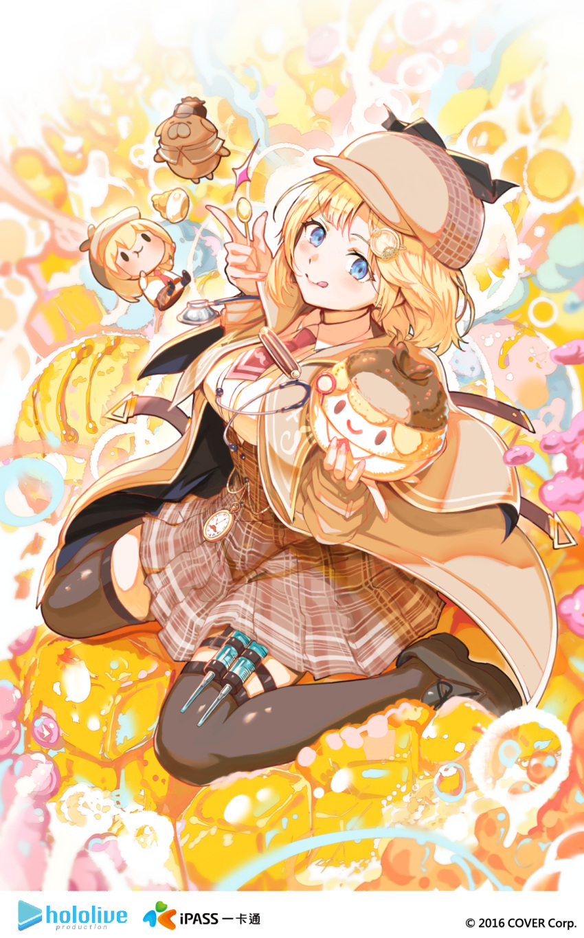 1girl :q aku_maborosi black_thighhighs blonde_hair blue_eyes blunt_bangs blush breasts brown_headwear brown_jacket brown_skirt bubba_(watson_amelia) collared_shirt commentary_request copyright_name detective food-themed_background hat high-waist_skirt highres holding holding_spoon hololive hololive_english jacket large_breasts long_sleeves looking_at_viewer monocle necktie open_clothes open_jacket parted_bangs peaked_cap plaid plaid_headwear plaid_skirt red_necktie shirt short_hair sitting skirt smol_ame spoon syringe thighhighs tongue tongue_out virtual_youtuber wariza watermark watson_amelia watson_amelia_(1st_costume) white_shirt yellow_theme
