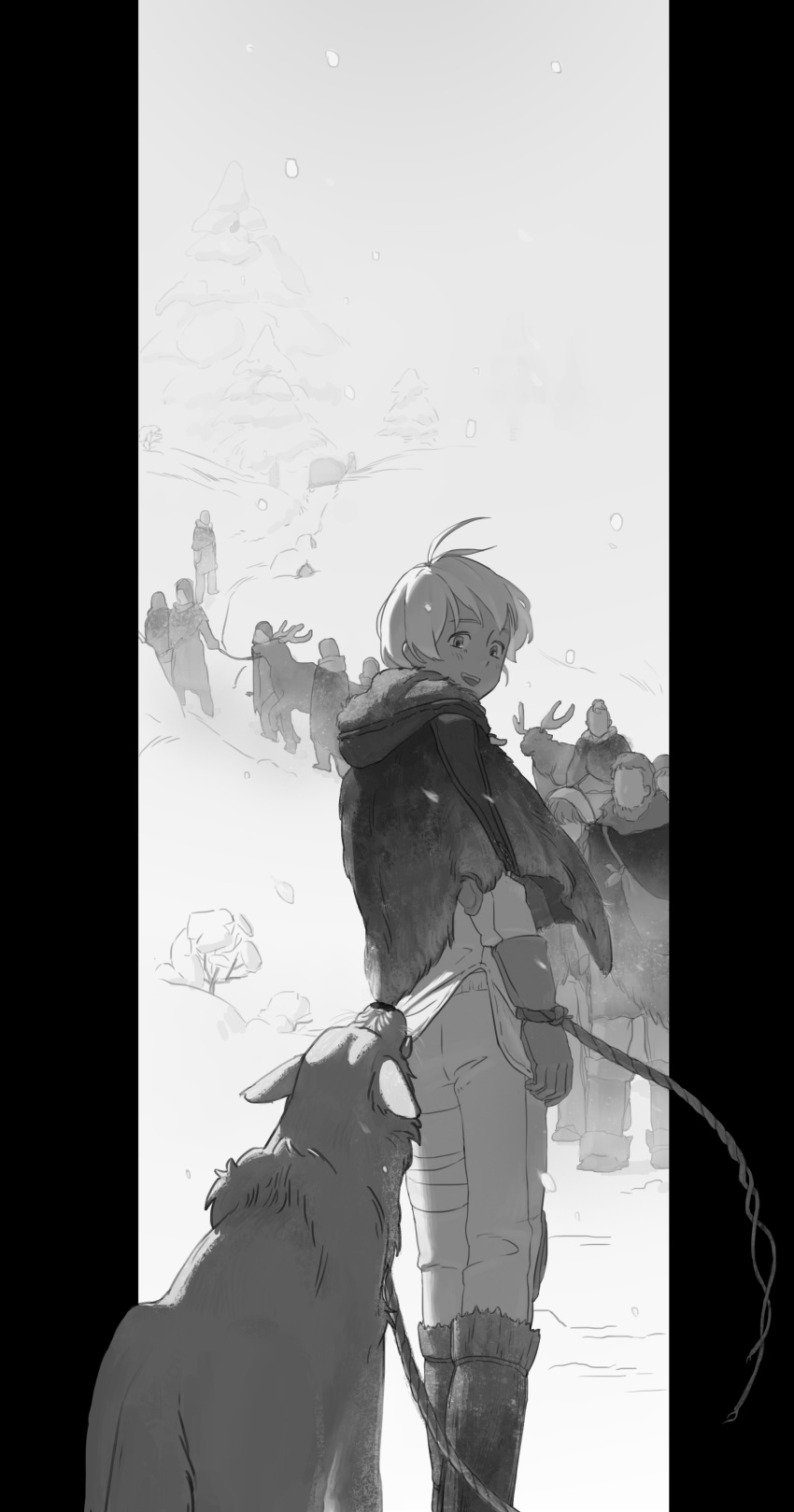 6+boys 6+girls :d absurdres animal antenna_hair arms_at_sides boots capelet cloak clothes_grab commentary_request faceless from_behind fumetsu_no_anata_e fushi gloves greyscale happy highres hill hood hood_down hooded_capelet joan_(fumetsu_no_anata_e) letterboxed long_sleeves looking_at_viewer looking_back monochrome mouth_hold multiple_boys multiple_girls pants pulling_back queue reindeer robe rope shirt simple_background smile snow snowing solo_focus standing torn_clothes torn_robe waiting walking wolf yiyo7754