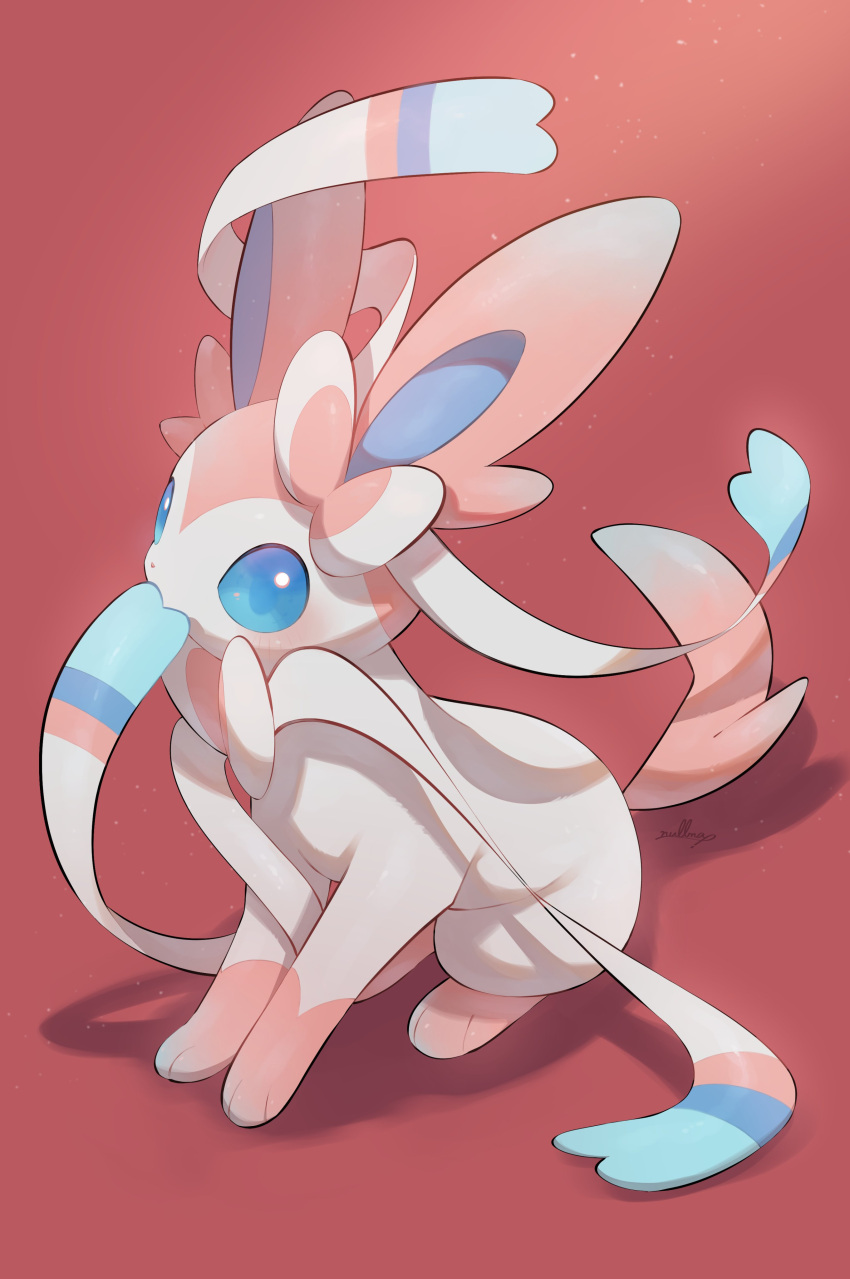 absurdres animal_focus blue_eyes blue_sclera colored_sclera commentary full_body highres no_humans nullma pokemon pokemon_(creature) red_background signature simple_background solo sylveon