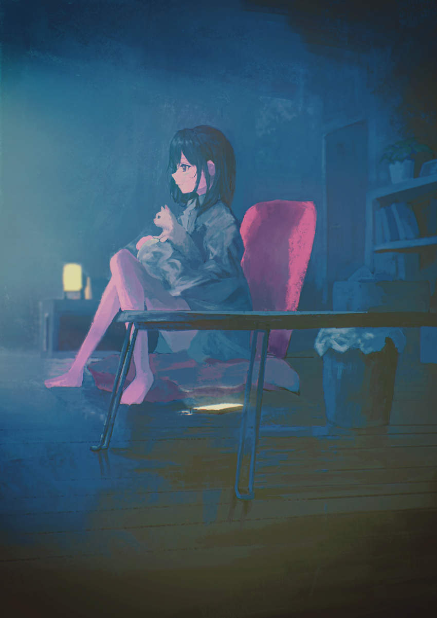 1girl absurdres animal_on_lap barefoot black_eyes black_hair cat cellphone chair dark from_side full_body grey_shirt hair_between_eyes highres indoors knees_together_feet_apart knees_up long_hair long_sleeves looking_ahead on_lap original phone saisho_(qpoujr) shadow shirt sidelocks sitting smartphone solo table trash_can wooden_floor