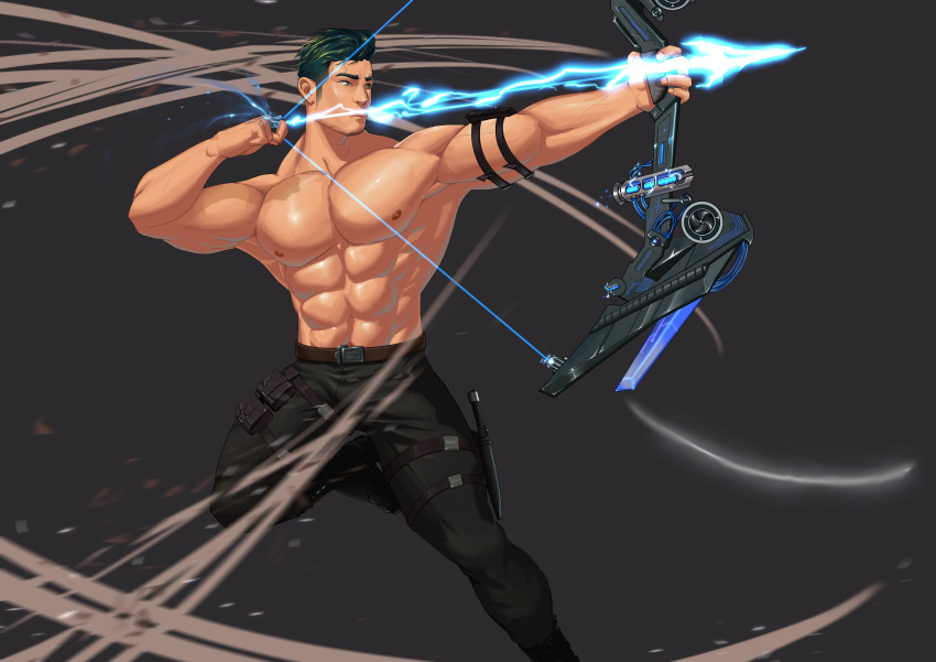 1boy abs absurdres aiming arm_pouch armpits bara beard_stubble belt belt_buckle belt_pouch black_pants bow_(weapon) brown_belt buckle compound_bow facial_hair glowing_arrow green_eyes green_hair hair_slicked_back high_collar highres male_focus muscular muscular_male nipples original pants pectorals pouch shirt short_hair simple_background solo standing standing_on_one_leg tanglijianxue thigh_pouch topless_male undercut weapon