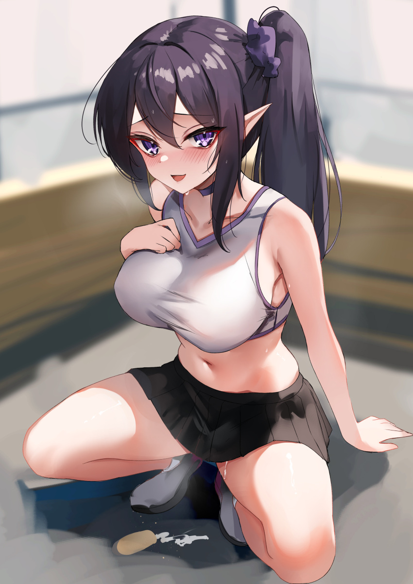 1girl absurdres alternate_costume bare_shoulders black_hair black_skirt breasts breath cheerleader choker crop_top food grey_footwear grey_shirt hand_on_own_chest highres ice_cream large_breasts long_hair looking_at_viewer midriff miniskirt navel open_mouth ophelia_midnight pleated_skirt pointy_ears purple_choker purple_eyes purple_scrunchie rifufu scrunchie shirt shoes side_ponytail skirt sleeveless sleeveless_shirt smile sneakers solo spread_legs squatting stomach suggestive_fluid sweat thighs virtual_youtuber vreverie