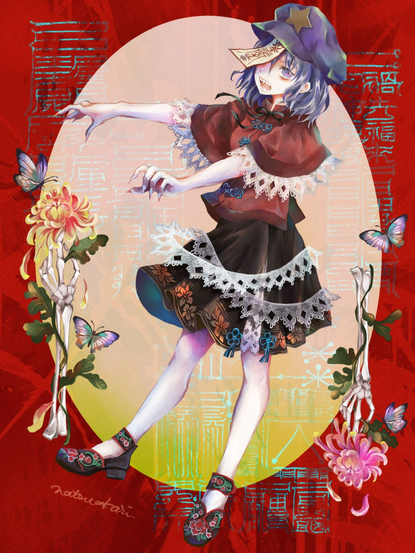 1girl black_footwear black_ribbon black_skirt blue_hair breasts bug butterfly cabbie_hat chinese_clothes chrysanthemum commentary_request fingernails floral_print flower full_body hair_between_eyes hair_ornament hat hat_ornament highres jiangshi lace-trimmed_sleeves lace_trim long_bangs looking_at_viewer miyako_yoshika natsuakari neck_ribbon ofuda open_mouth outstretched_arms pink_flower print_footwear print_skirt purple_butterfly purple_eyes purple_headwear red_shirt ribbon sharp_fingernails sharp_teeth shirt short_hair short_sleeves skirt small_breasts solo star_(symbol) star_hat_ornament tangzhuang teeth touhou wide_sleeves yellow_flower zombie_pose