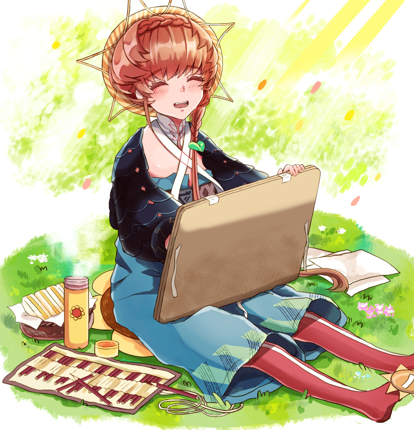 1girl absurdres black_sleeves blue_overalls blush braid canvas_(object) closed_eyes crown_braid fangs fate/grand_order fate_(series) food grass hat highres long_hair on_grass open_mouth orange_hair overalls pantyhose paper pencil puffy_sleeves sandwich shimogamo_(shimomo_12) side_braid sitting smile solo steam straw_hat striped striped_headwear thermos van_gogh_(fate) yellow_headwear