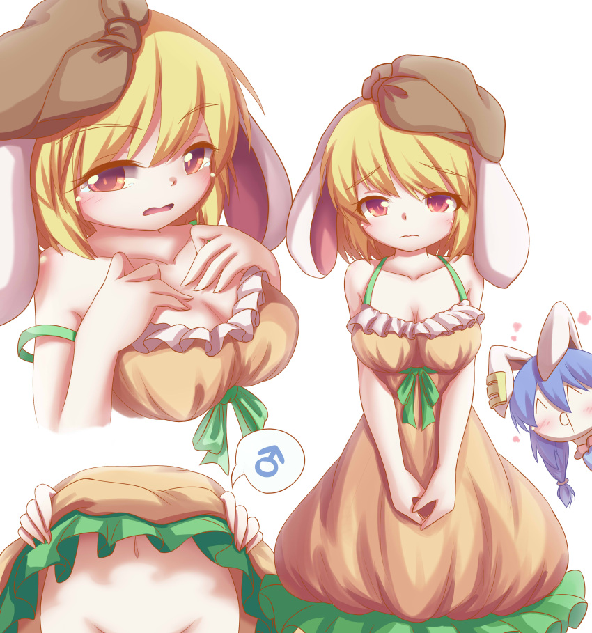 2girls ^_^ absurdres alternate_costume animal_ears bare_shoulders blonde_hair blue_hair blush breasts brown_headwear cabbie_hat cleavage closed_eyes commentary_request dior-zi dress earclip floppy_ears groin hat highres looking_at_viewer mars_symbol multiple_girls multiple_views navel orange_dress rabbit_ears rabbit_girl red_eyes ringo_(touhou) seiran_(touhou) simple_background speech_bubble spoken_mars_symbol touhou white_background