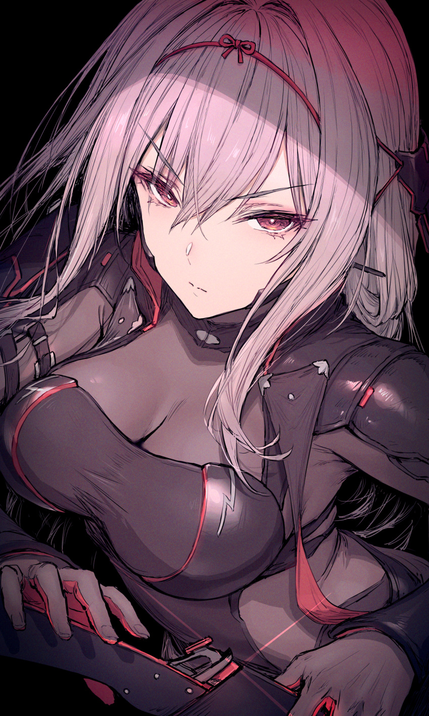 1girl black_background black_bodysuit bodysuit breasts closed_mouth from_above gloves goddess_of_victory:_nikke haoni highres large_breasts looking_at_viewer looking_up purple_eyes scarlet_(nikke) simple_background solo tagme