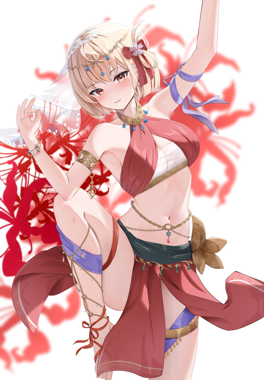 1girl absurdres arm_ribbon arm_up armlet bare_shoulders belly_chain blonde_hair blush bow breasts commentary_request crop_top dancer hair_bow hand_up harem_outfit highres jewelry knee_up large_breasts loincloth looking_at_viewer lycoris_recoil midriff navel nishikigi_chisato orange_eyes pharmarr purple_ribbon red_bow ribbon short_hair smile solo standing standing_on_one_leg stomach thigh_strap thighs white_background