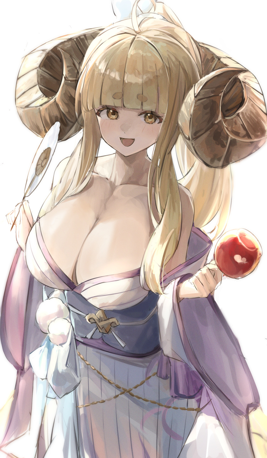 1girl :d absurdres ahoge anila_(granblue_fantasy) anila_(yukata)_(granblue_fantasy) blonde_hair breasts candy_apple cleavage draph food granblue_fantasy hand_fan highres hikimayu holding holding_fan horns japanese_clothes kimono large_breasts long_hair off_shoulder open_mouth ponytail sheep_horns shiro_wa_(shiroshironix) sidelocks simple_background smile solo white_background yellow_eyes yukata