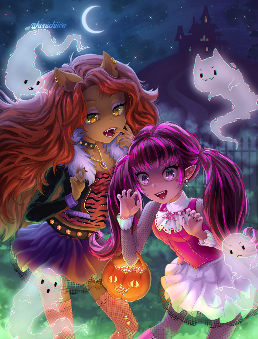 2girls absurdres animal_ears animal_print artist_name black_choker black_jacket choker clawdeen_wolf crescent_moon cropped_jacket dark-skinned_female dark_skin draculaura fangs fishnet_pantyhose fishnet_thighhighs fishnets fur-trimmed_jacket fur_trim ghost halloween highres jacket jewelry konichiiva long_hair monster_high moon multiple_girls necklace night open_clothes open_jacket open_mouth orange_eyes orange_hair outdoors pantyhose pink_corset pink_eyes pink_hair pointy_ears print_shirt purple_skirt shirt skirt thighhighs twintails very_dark_skin watermark white_skirt