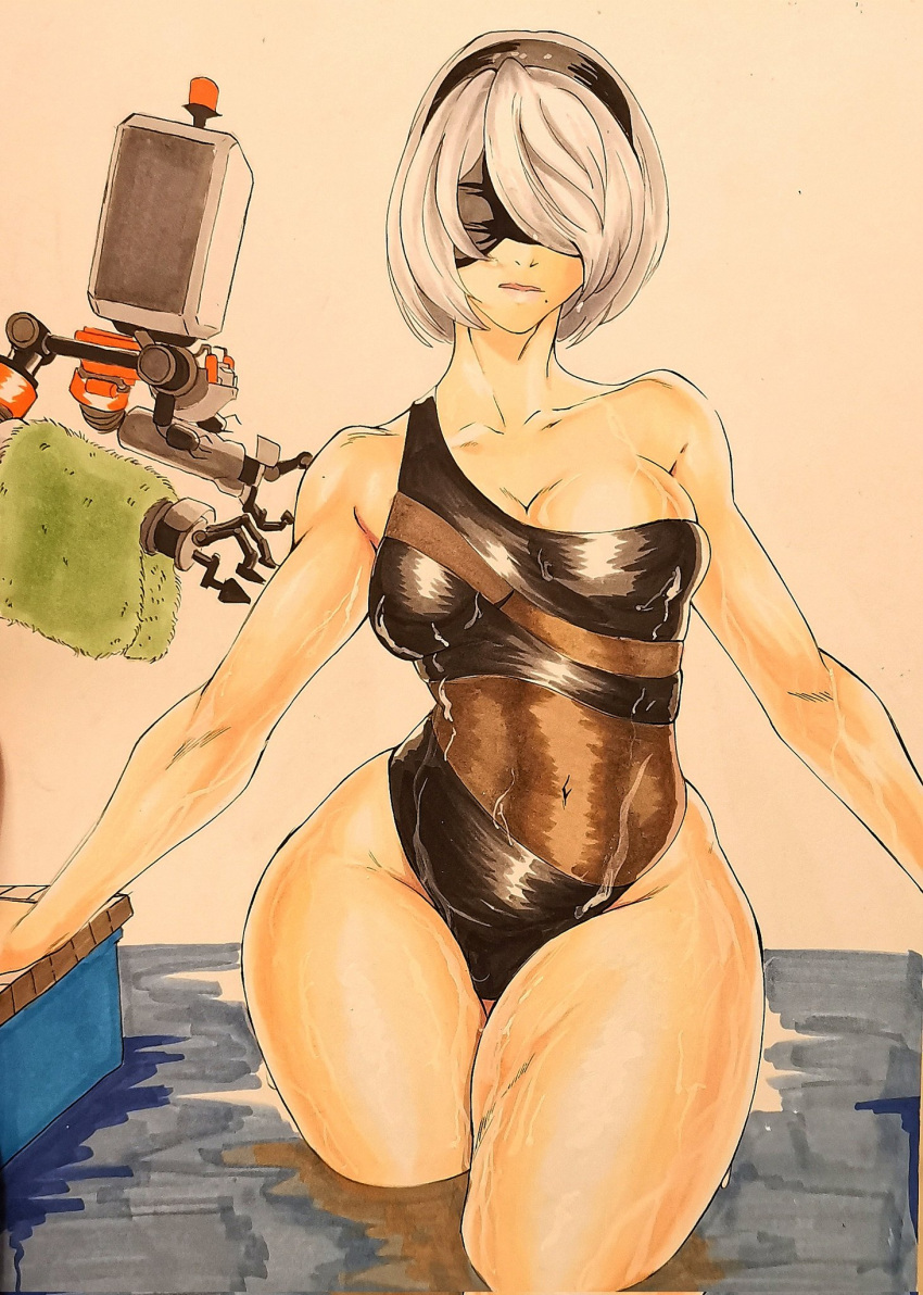 1girl 2b_(nier:automata) covered_eyes graphite_(medium) hair_over_one_eye highres octavius_(octavius_dp) short_hair swimsuit thick_thighs thighs towel traditional_media water white_hair wide_hips