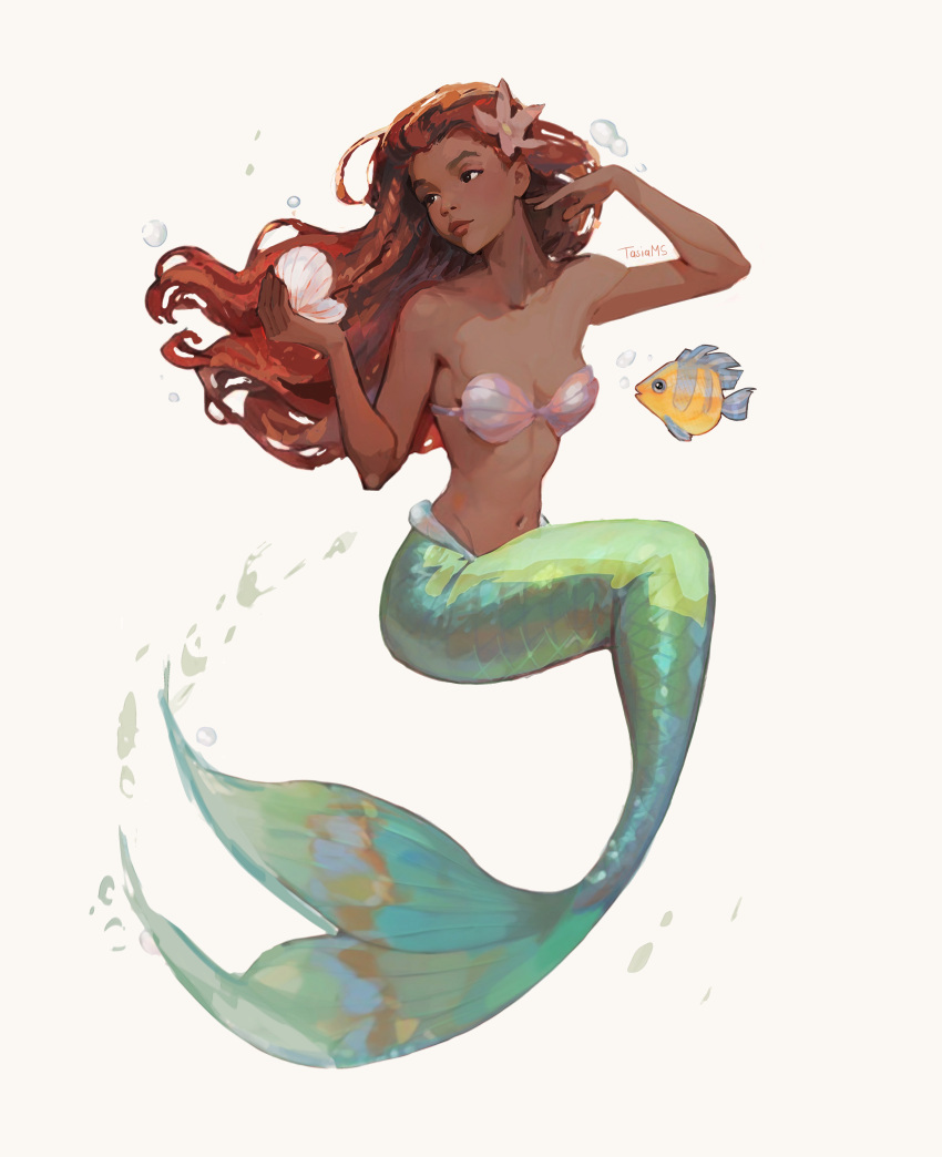 2023 5_fingers absurd_res air_bubble ambiguous_gender ariel_(disney) artist_name blue_and_yellow bra bubble clothing collarbone colored dark_body dark_skin disney duo female feral fin fingers fish fish_tail flounder_(disney) full-length_portrait green_body green_scales green_tail hair hi_res holding_object holding_seashell humanoid lips looking_aside marine merfolk mermaid_tail navel portrait red_hair red_lips scales seashell seashell_bra shell simple_background split_form strapless_bra strapless_clothing strapless_underwear swimming tail tail_fin tasia_m_s the_little_mermaid_(1989) the_little_mermaid_(2023) underwear white_background