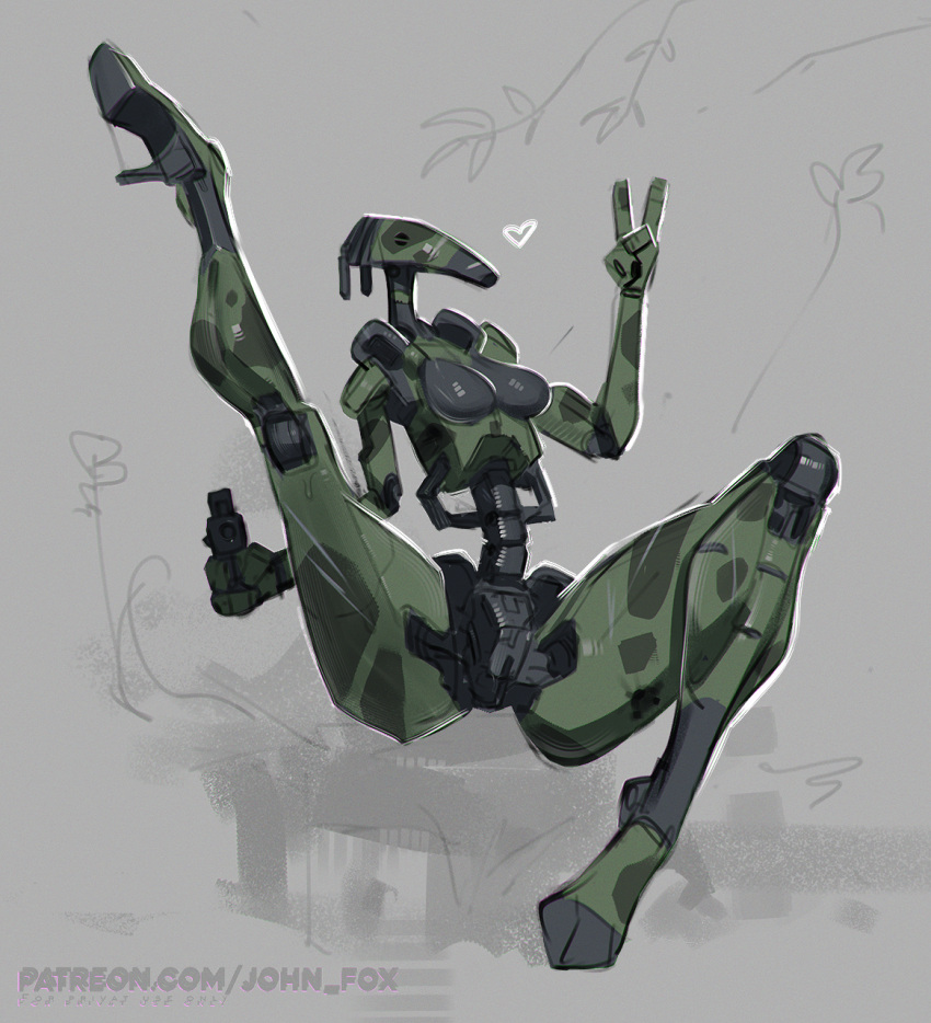 2023 b1_battle_droid battle_droid breasts camo droid featureless_breasts female front_view full-length_portrait genitals gesture green_body gun hi_res holding_gun holding_object holding_weapon johnfoxart machine not_furry one_leg_up portrait presenting presenting_pussy pussy raised_leg ranged_weapon robot solo spread_legs spreading star_wars v_sign weapon