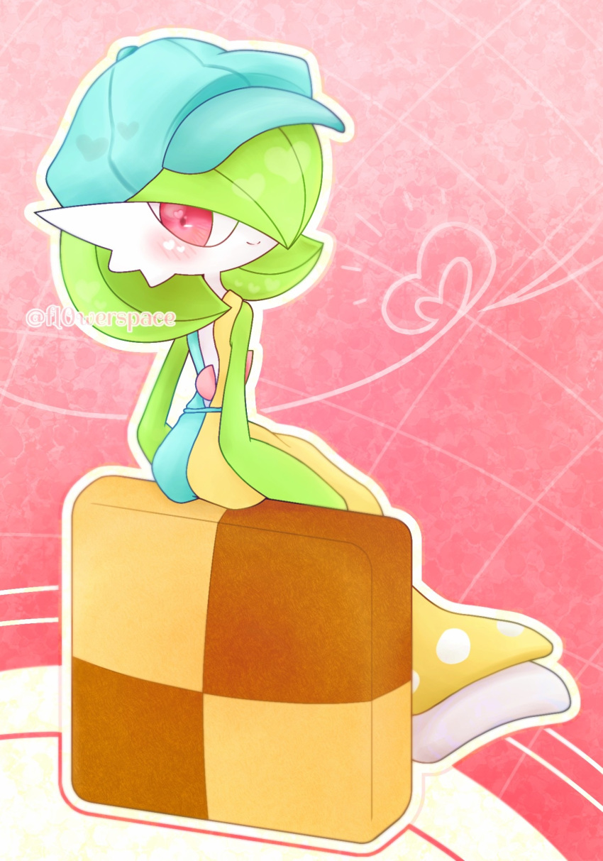 1girl arms_at_sides artist_name bare_shoulders blue_dress blue_headwear blush bob_cut cabbie_hat checkerboard_cookie closed_mouth clothed_pokemon commentary_request cookie dress food from_behind gardevoir gardevoir_(cafe) gradient_background green_hair hair_over_one_eye happy hat heart highres looking_at_viewer looking_back one_eye_covered outline oversized_food oversized_object partial_commentary pink_background pokemon pokemon_(creature) pokemon_(game) pokemon_unite red_eyes short_hair sitting sleeveless sleeveless_dress smile solo split_mouth twitter_username two-tone_dress watermark white_outline yellow_dress yuri_(pixiv_76483886)