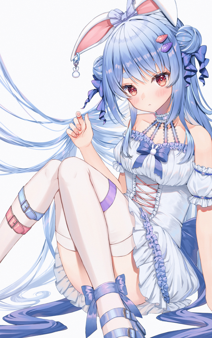 1girl absurdres animal_ears bare_shoulders blue_dress blue_hair blush bow breasts carrot_hair_ornament detached_sleeves dress food-themed_hair_ornament hair_ornament highres hololive hololive_fantasy light_blue_hair long_hair looking_at_viewer medium_breasts orange_eyes rabbit-shaped_pupils rabbit_ears rabbit_girl ribbon runlan_0329 sitting solo symbol-shaped_pupils thighhighs usada_pekora virtual_youtuber white_thighhighs