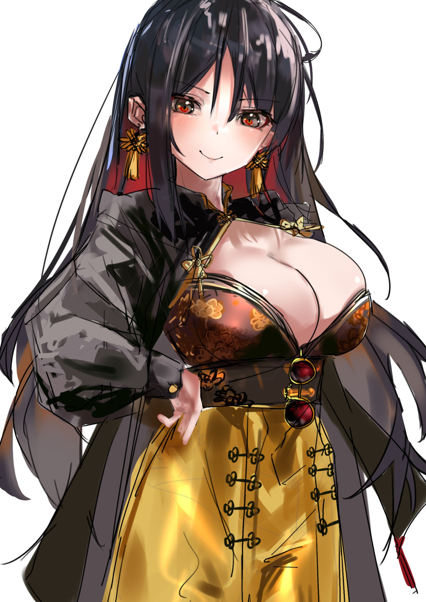 1girl absurdres black_hair breasts cleavage colored_inner_hair cowboy_shot earrings eyewear_hang eyewear_removed goddess_of_victory:_nikke hand_on_own_hip highres japanese_clothes jewelry kimono large_breasts light_blush long_hair long_sleeves looking_at_viewer moran_(nikke) multicolored_hair obi red_eyes red_hair sash simple_background smile solo sunglasses wanghua white_background