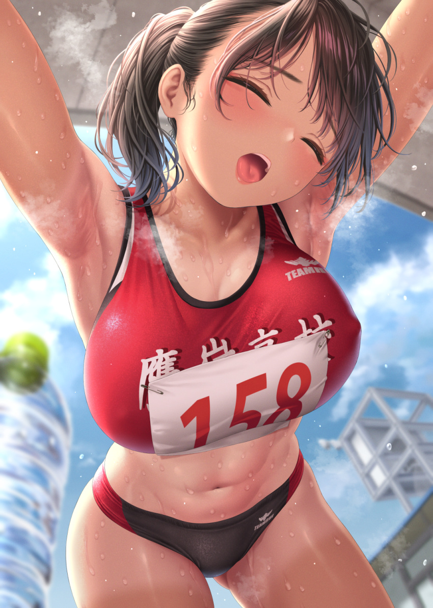 1girl armpits bent_over black_hair blush bottle breasts buruma closed_eyes highres kase_daiki large_breasts navel open_mouth original ponytail red_sports_bra revision short_hair solo sports_bra steam steaming_body sweat tan tanlines thighs tongue water_bottle wet