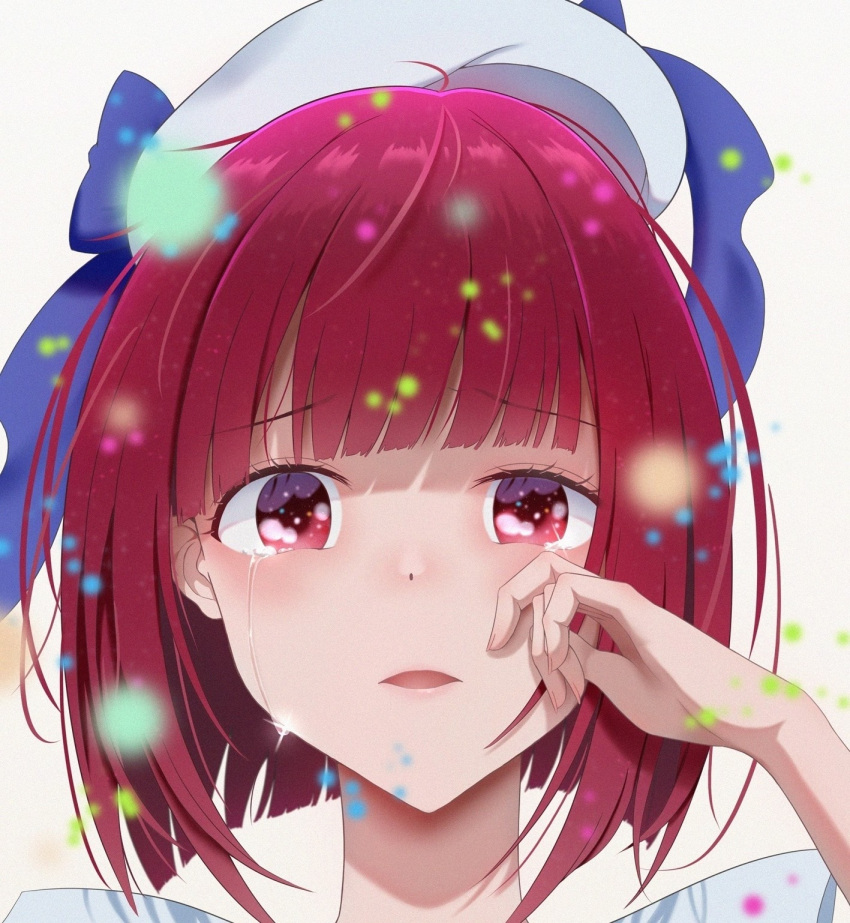 1girl arima_kana beret blue_bow blunt_bangs blurry blush bob_cut bow commentary crying crying_with_eyes_open dated_commentary depth_of_field hat hat_bow highres inverted_bob looking_at_viewer medium_hair no_pupils open_mouth oshi_no_ko portrait red_eyes red_hair shadow simple_background solo streaming_tears tears white_background white_headwear wiping_tears xvvstring