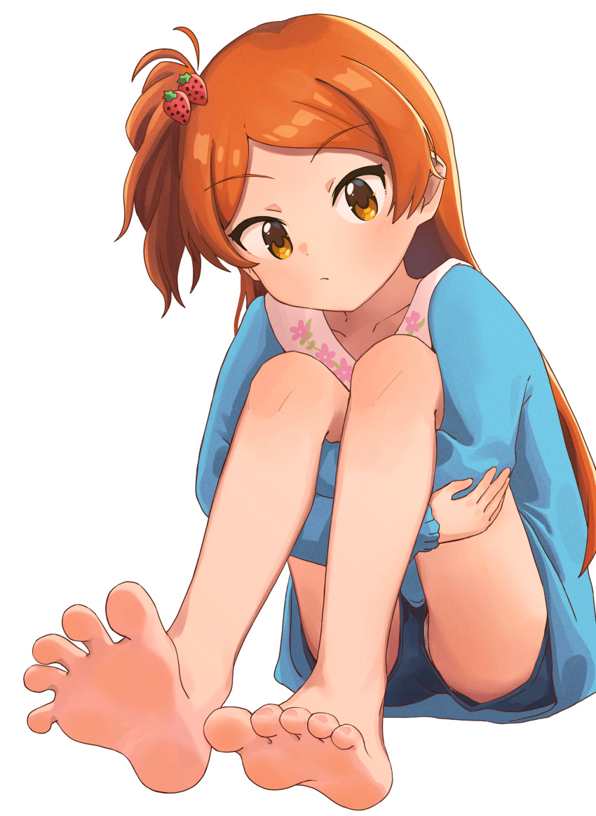 1girl absurdres bare_legs barefoot blue_dress blue_shorts blush cabbage_(chlehd2239) collarbone commentary_request dress feet foreshortening full_body head_tilt highres hugging_own_legs idolmaster idolmaster_million_live! knees_up korean_commentary legs looking_at_viewer ogami_tamaki one_side_up orange_hair panties panty_peek parted_bangs shorts shorts_under_dress simple_background soles solo spread_toes toenails toes underwear white_background