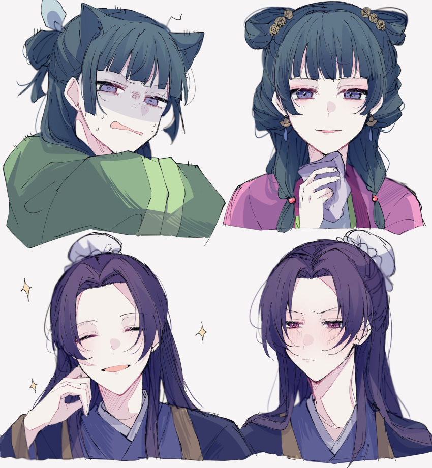 1boy 1girl ^_^ blue_hair blush bun_cover chinese_clothes closed_eyes freckles frown grey_background hair_bun half_updo hands_in_opposite_sleeves hanfu highres holding_handkerchief jinshi_(kusuriya_no_hitorigoto) kusuriya_no_hitorigoto long_hair long_sleeves maomao_(kusuriya_no_hitorigoto) natsuneco_02 open_mouth purple_eyes purple_hair simple_background smile sparkle upper_body