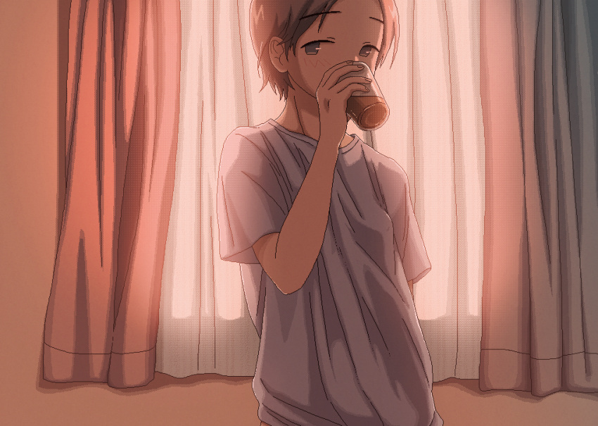 1girl androgynous backlighting brown_eyes brown_hair cup curtains drinking hand_up highres holding holding_cup indoors looking_to_the_side loose_clothes loose_shirt morning narume no_sclera original pixel_art shirt short_hair solo t-shirt upper_body white_shirt