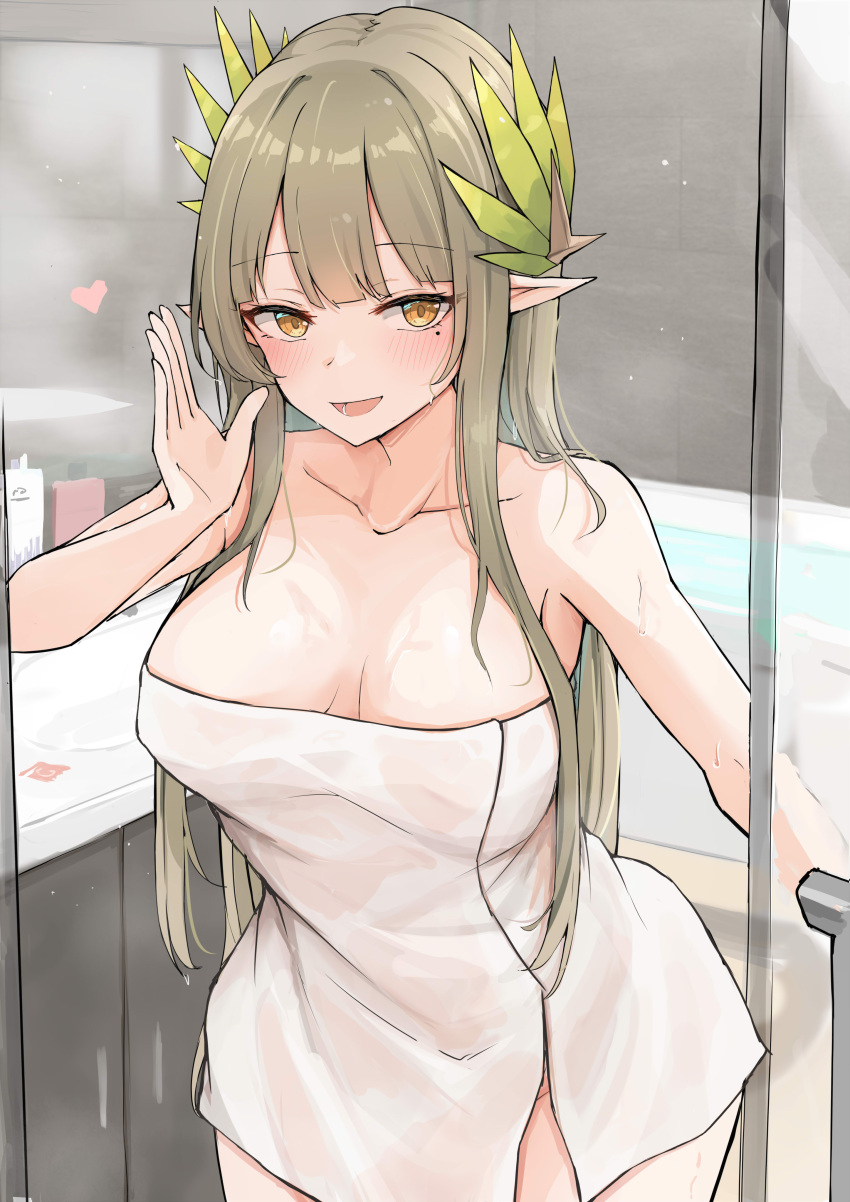 1girl :d absurdres arknights bare_shoulders bathroom bathtub blunt_bangs blush breasts brown_eyes brown_hair cleavage collarbone cowboy_shot elf heart highres indoors large_breasts laurel_crown long_hair looking_at_viewer mango_(mgo) mirror mole mole_under_eye muelsyse_(arknights) naked_towel open_mouth paid_reward_available pointy_ears sink smile solo towel very_long_hair wet_towel