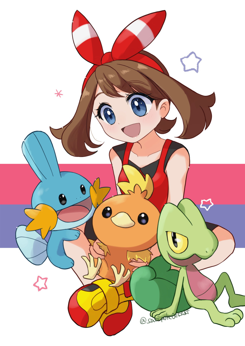 1girl :d absurdres bare_shoulders blue_eyes bow brown_hair collarbone crossed_legs hair_bow highres may_(pokemon) mudkip open_mouth pokemon pokemon_(creature) pokemon_(game) pokemon_oras red_bow red_shirt saki_pokeoekaki shirt sitting sleeveless sleeveless_shirt smile star_(symbol) torchic treecko twitter_username