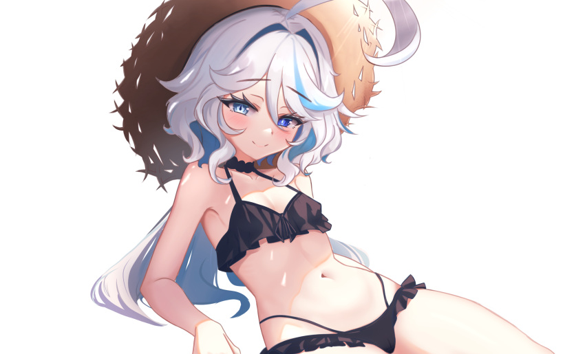 1girl absurdres ahoge arm_support bikini black_bikini black_choker blue_eyes blue_hair choker commentary english_commentary furina_(genshin_impact) genshin_impact hat highres kiari_art long_hair looking_at_viewer mixed-language_commentary multicolored_hair navel smile solo stomach streaked_hair sun_hat swimsuit thighs transparent_background very_long_hair white_hair
