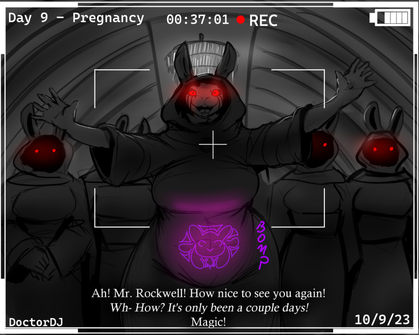 2023 anthro breasts camera_view clothing cult cultist dialogue doctordj english_text female group hi_res hood lagomorph leporid mammal open_mouth open_smile pregnant pregnant_anthro pregnant_female rabbit robe smile teeth text tongue