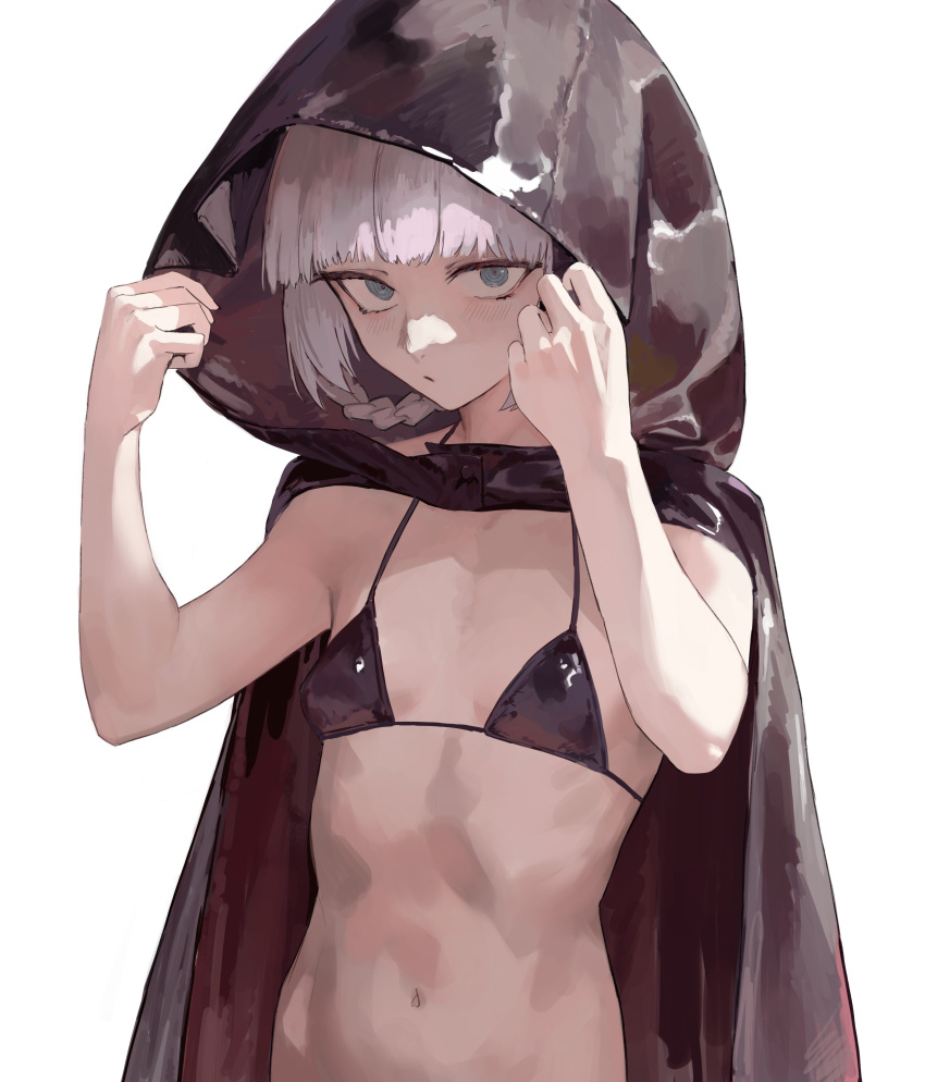 1girl absurdres arms_up black_bra black_cloak blue_eyes bra breasts cloak darr1o highres hood hood_up hooded_cloak looking_at_viewer nanakusa_nazuna_(yofukashi_no_uta) navel ribs ringed_eyes simple_background small_breasts solo string_bra underwear upper_body white_background white_hair yofukashi_no_uta