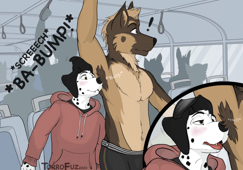 anax_shep anthro armpit_fetish armpit_hair armpit_sniffing bodily_fluids body_hair canid canine canis dalmatian domestic_dog drooling duo german_shepherd herding_dog hi_res male male/male mammal pastoral_dog public_transportation raised_arm saliva shirtless sniffing torrofuz
