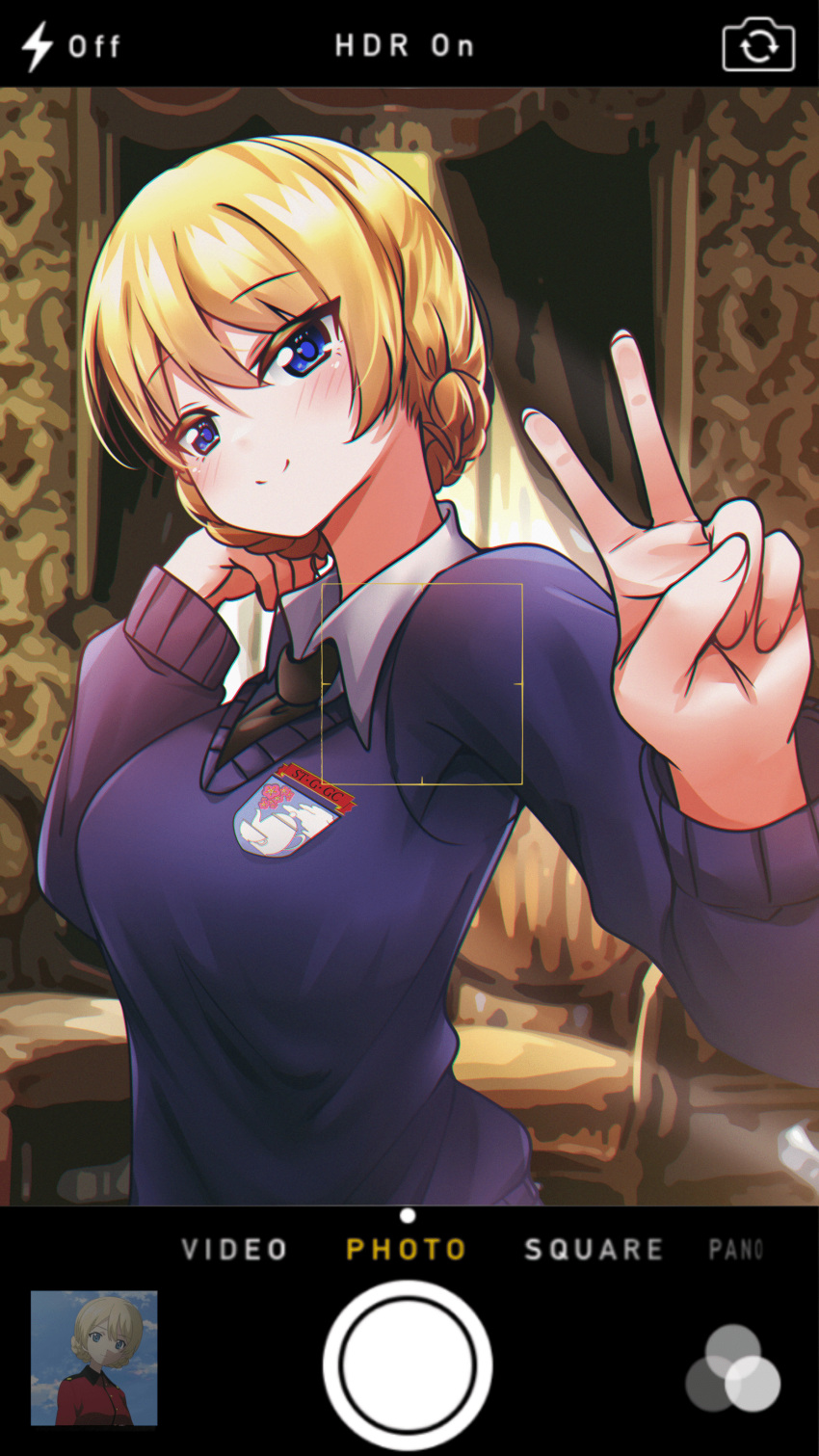 1girl absurdres black_necktie blonde_hair blue_eyes blue_sweater braid cellphone_picture closed_mouth commentary darjeeling_(girls_und_panzer) dress_shirt earrings emblem english_commentary foreshortening girls_und_panzer hand_in_own_hair head_tilt highres indoors jewelry long_sleeves looking_at_viewer mizzterbii necktie school_uniform shirt short_hair smile solo st._gloriana's_(emblem) st._gloriana's_school_uniform sweater twin_braids v v-neck white_shirt wing_collar
