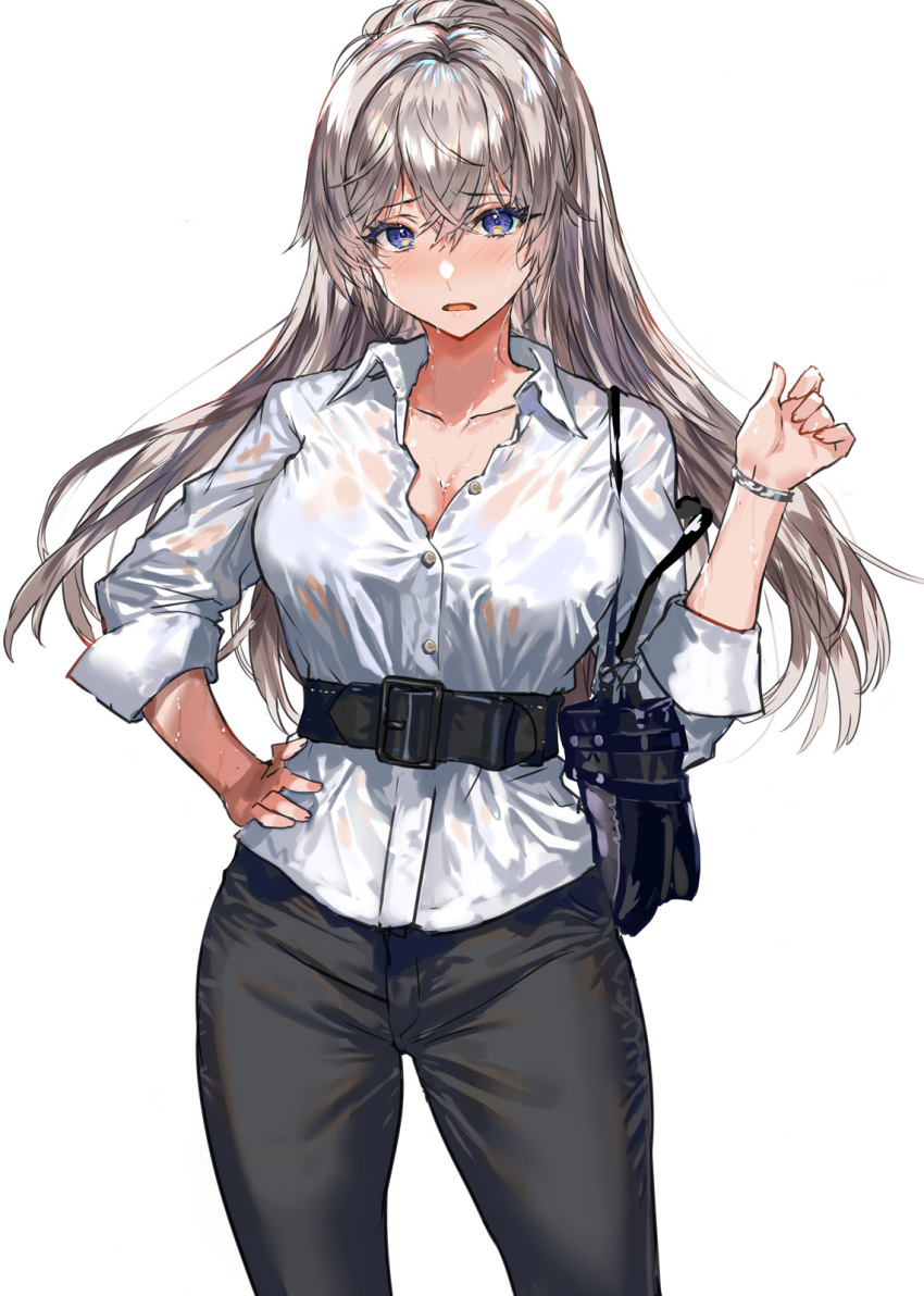 1girl belt black_belt black_pants blue_eyes blush bracelet breasts collared_shirt commentary_request cowboy_shot crossed_bangs grey_hair hand_on_own_hip hand_up highres jewelry large_breasts long_hair long_sleeves looking_at_viewer open_mouth original pants ponytail ran'ou_(tamago_no_kimi) shirt simple_background solo white_background white_shirt
