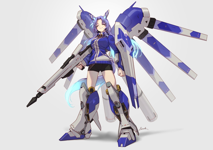 1girl absurdres animal_ears armor beam_rifle blue_hair breasts char's_counterattack char's_counterattack_-_beltorchika's_children closed_eyes commentary_request crossover energy_gun fin_funnels full_body godolphin_barb_(umamusume) grey_background grin gun gundam hair_intakes hi-nu_gundam highres holding holding_gun holding_weapon horse_ears horse_girl horse_tail kio_naoki long_hair mecha_musume medium_breasts parody parted_bangs shield sidelocks signature smile solo standing tail umamusume weapon