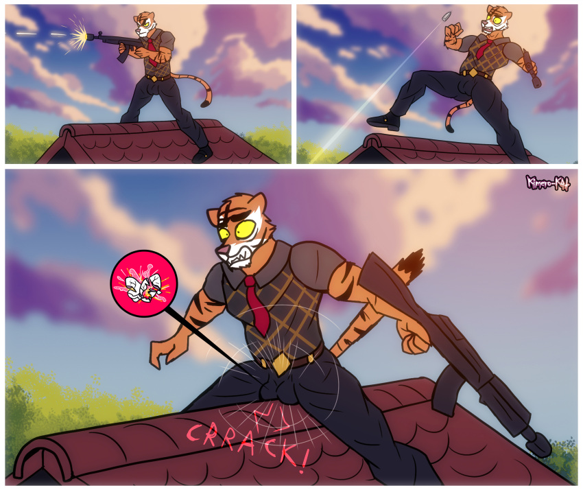 absurd_res accident anthro ballbusting balls_outline bulge bullet clothed clothing cloud cock_and_ball_torture comic detailed_background epic_games felid fortnite fur genital_outline genital_torture hi_res jacket kimero_kat male mammal muscular muscular_anthro muscular_male orange_body orange_fur oscar_(fortnite) ouch pantherine sharp_teeth shooting sky solo striped_body stripes tail teeth tiger topwear weapon yellow_eyes