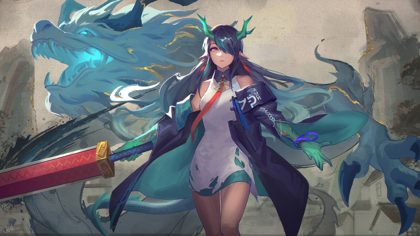 1girl 1other aqua_hair architecture arknights bare_shoulders bead_bracelet beads black_coat black_hair blue_skin bracelet breasts building cleavage_cutout closed_mouth clothing_cutout cloud cloudy_sky coat colored_skin commentary dragon dragon_girl dragon_horns dragon_tail dress dusk_(arknights) earrings east_asian_architecture eastern_dragon english_commentary fiery_tail floating_hair gradient_hair gradient_skin grey_sky hair_over_one_eye highres holding holding_sword holding_weapon horns house ink jacknguyenart jewelry legs_together long_hair long_sleeves looking_at_viewer medium_breasts mountain multicolored_hair necktie open_clothes open_coat outdoors pointy_ears red_eyes red_necktie short_dress sky sleeveless sleeveless_dress solo swept_bangs sword tail tassel tassel_earrings tree two-tone_hair very_long_hair weapon white_dress