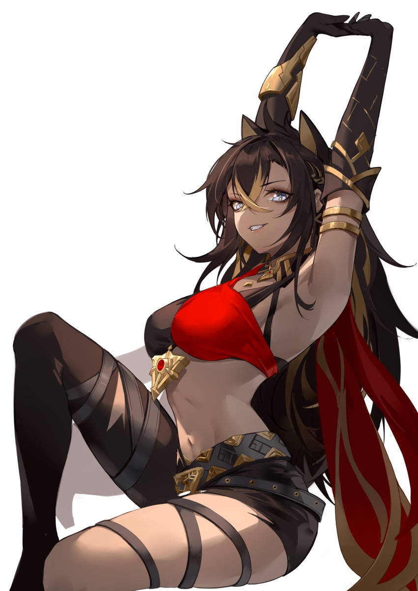 1girl absurdres animal_ears armlet armpits arms_up asymmetrical_clothes bangs belt black_belt black_gloves black_pants blonde_hair blue_eyes braid breasts bright_pupils brown_hair cape crop_top crossed_bangs dark-skinned_female dark_skin dehya_(genshin_impact) elbow_gloves fangs genshin_impact gloves grin hair_between_eyes highres jewelry knee_up large_breasts long_hair looking_at_viewer looking_to_the_side multicolored_hair navel neck_ring own_hands_together pants red_cape sidelocks simple_background single_pantsleg sitting smile solo stomach streaked_hair stretching teeth thigh_strap thighs torn_clothes torn_pants two-tone_hair white_background white_pupils woodylixx