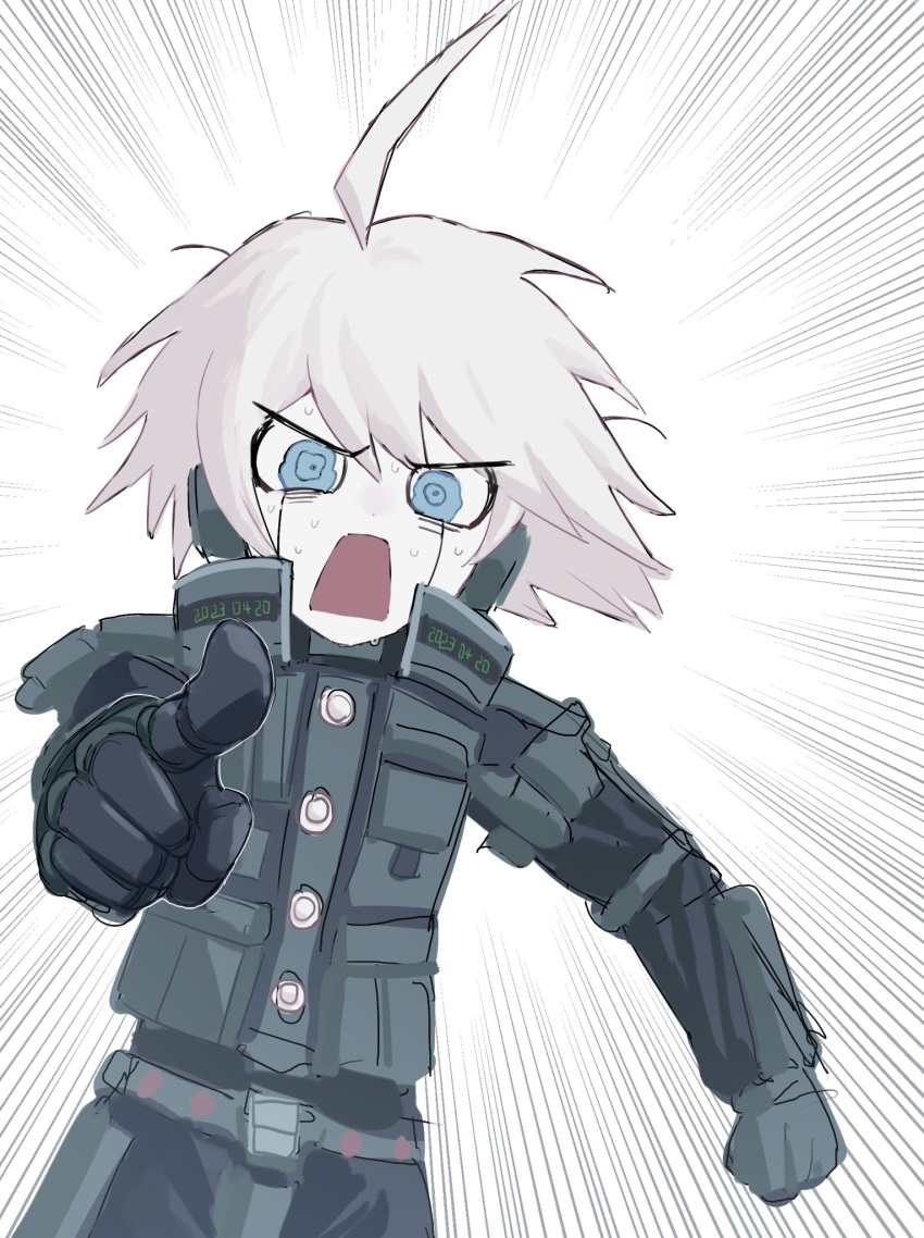 1boy ahoge android cowboy_shot d: danganronpa_(series) danganronpa_v3:_killing_harmony green_eyes grey_background grey_hair highres k1-b0 kachusha_(katyuuuusha) male_focus medium_hair open_mouth pointing pointing_at_viewer power_armor solo sweat swept_bangs