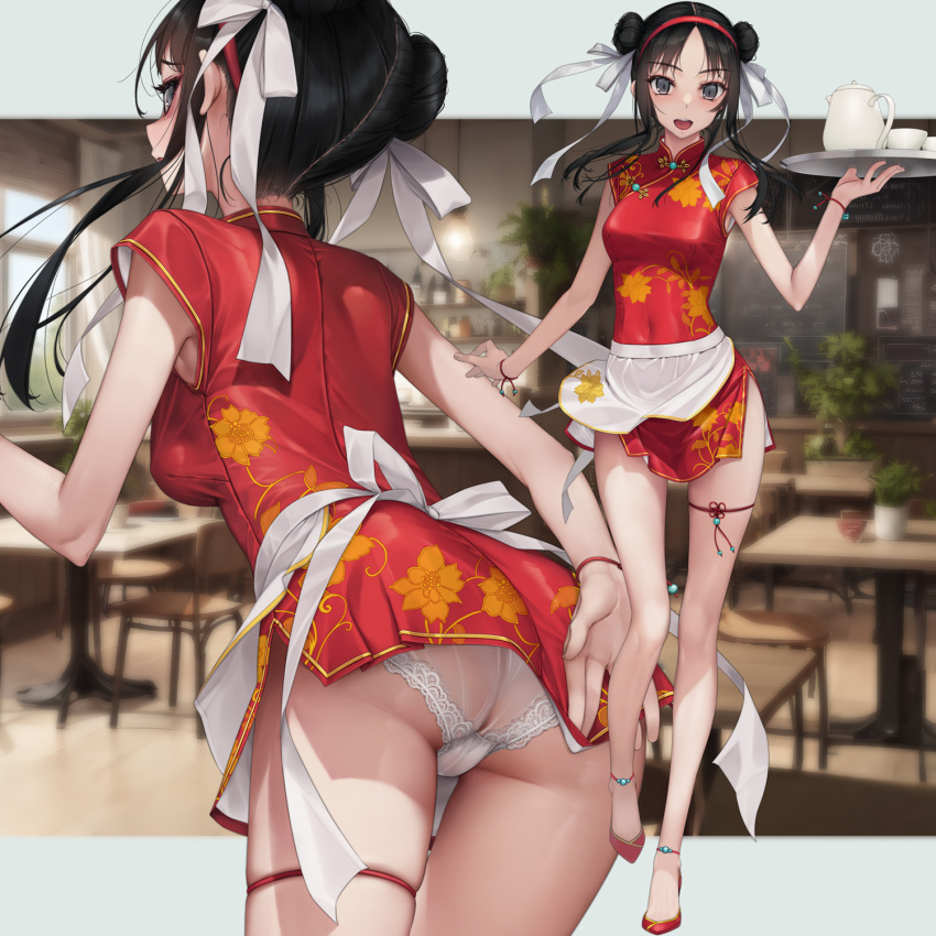 1girl :d anklet apron ass black_eyes black_hair blurry bracelet breasts chair china_dress chinese_clothes commentary_request covered_navel cup depth_of_field double_bun dress full_body hair_bun hair_ribbon high_heels highres holding indoors jewelry kettle leaning_forward looking_at_viewer medium_breasts medium_hair menu_board murakami_suigun open_mouth original panties pantyshot parted_bangs plant potted_plant red_dress red_footwear ribbon short_sleeves side_slit sidelocks skindentation smile solo_focus table teacup thigh_strap thighs tray underwear white_apron white_panties white_ribbon