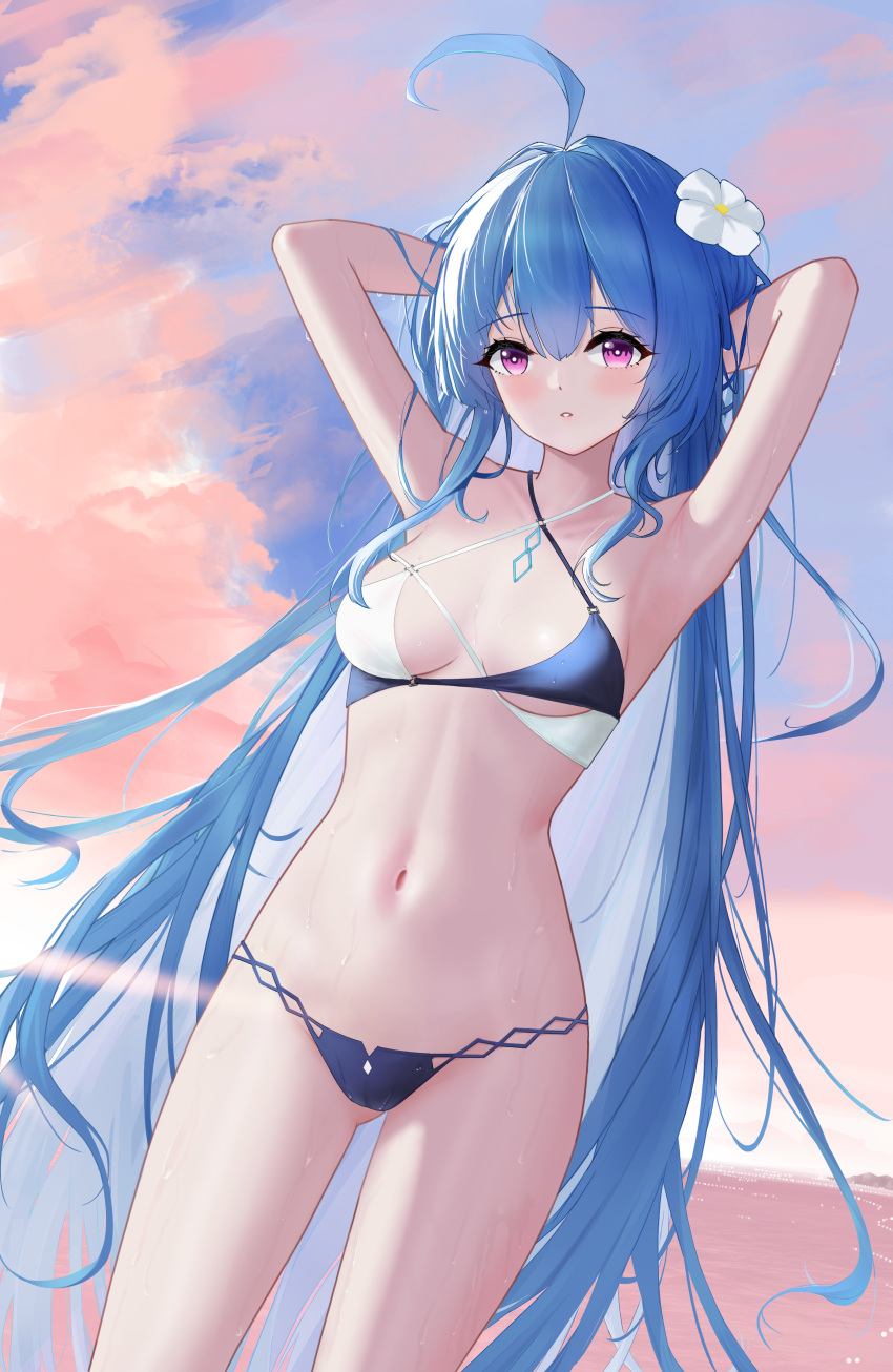 1girl absurdres ahoge armpits arms_behind_head ass_visible_through_thighs azur_lane bikini black_bikini blue_hair blush breasts commentary cowboy_shot flower hair_flower hair_ornament helena_(azur_lane) helena_(shimmering_triangle_wave)_(azur_lane) highres long_hair looking_at_viewer medium_breasts navel official_alternate_costume outdoors parted_lips purple_eyes qingyuexin solo standing stomach sunset swimsuit two-tone_bikini very_long_hair wet white_bikini white_flower