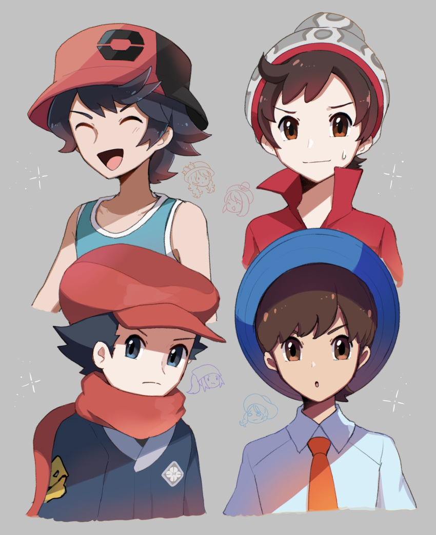 4boys black_hair blue_eyes blue_headwear blue_jacket blue_tank_top brown_eyes brown_hair closed_eyes closed_mouth elio_(pokemon) florian_(pokemon) grey_headwear hat highres jacket male_focus multiple_boys necktie open_mouth orange_necktie parted_lips pokemon popped_collar red_headwear red_scarf red_shirt rei_(pokemon) scarf shirt smile sweatdrop tank_top touyarokii v-shaped_eyebrows victor_(pokemon) white_shirt wing_collar