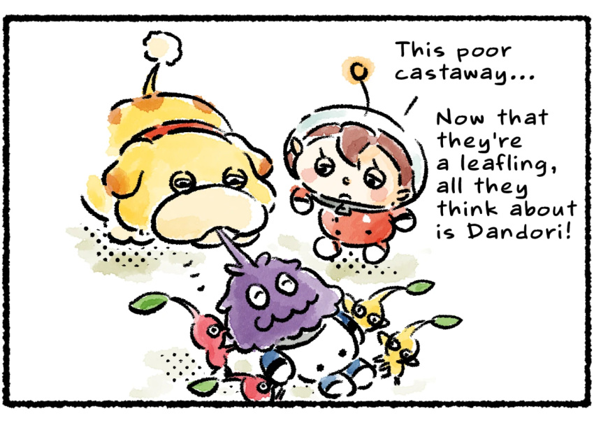 ambiguous_gender colored comic_panel elemental_creature english_text female feral flora_fauna fur group humanoid karutian_(pikmin) kino_takahashi leaf leafling_(pikmin) male nintendo oatchi_(pikmin) pikmin pikmin_(species) plant pom-lisa_(pikmin) purple_body purple_fur red_body red_pikmin spacesuit text trio_focus yellow_body yellow_pikmin